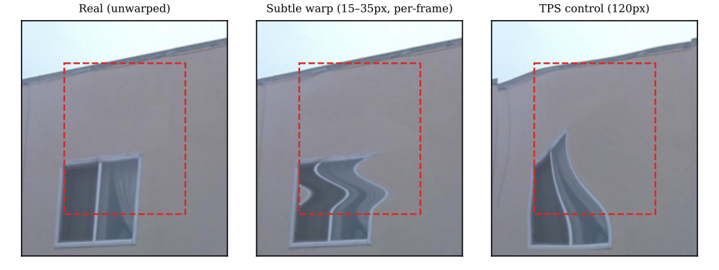 Left: the real frame. Middle: the subtle warp used throughout this project's testing, a
15-35px wiggle confined to one window. Right: a large, unambiguous 120px positive control. The
middle one is visually obvious, not a marginal or borderline case, and both the rigidity score
above and GeCo below missed it.